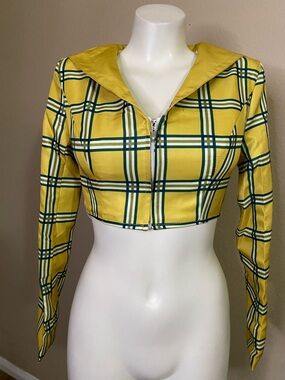 Yellow Plaid Cropped Clueless novelty zip front Jacket XS 🖤🔥